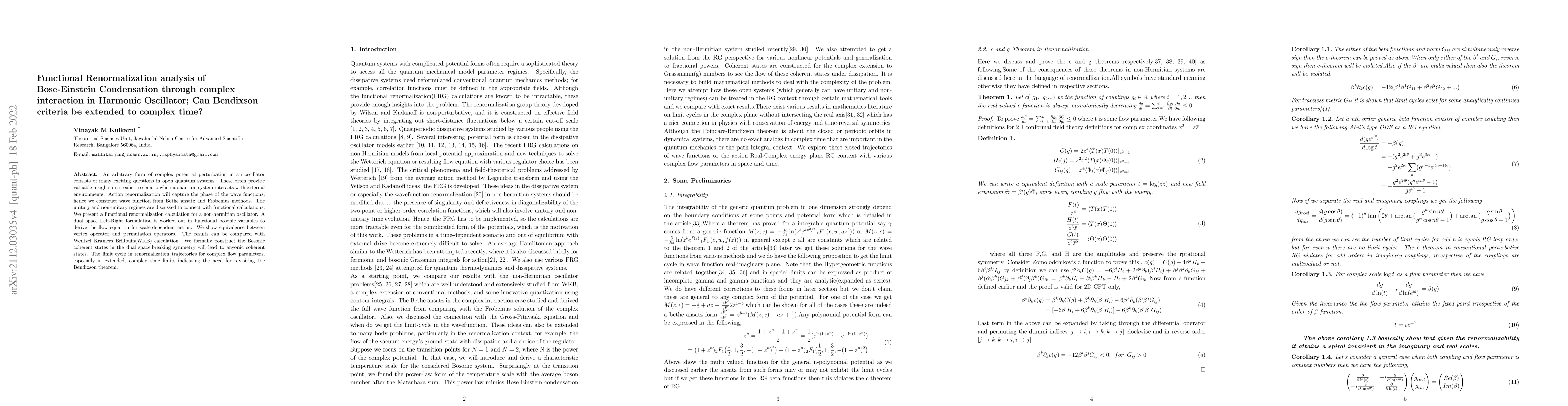 Thumbnail for Functional Renormalization analysis of Bose-Einstien Condensation
  through complex interaction in Harmonic Oscillator; Can Bendixson criteria be
  extended to complex time?