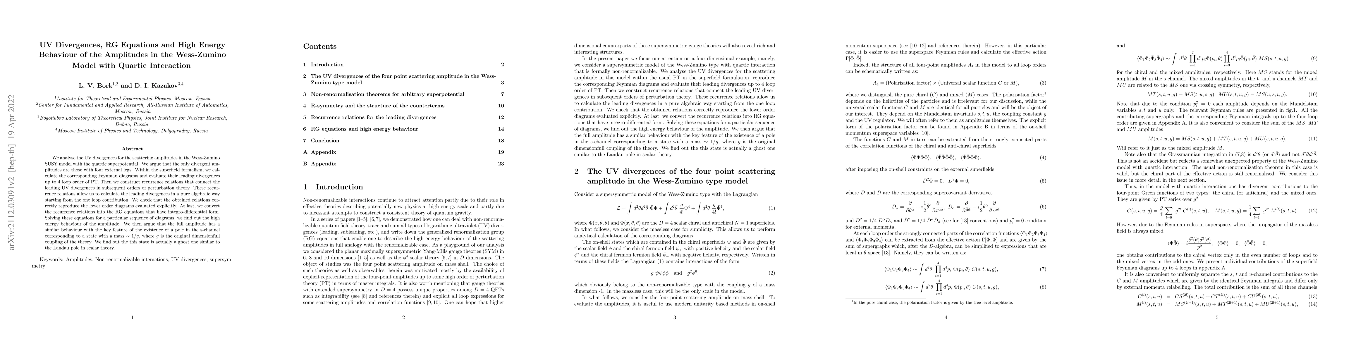 Thumbnail for UV Divergences, RG Equations and High Energy Behaviour of the Amplitudes
  in the Wess-Zumino Model with Quartic Interaction