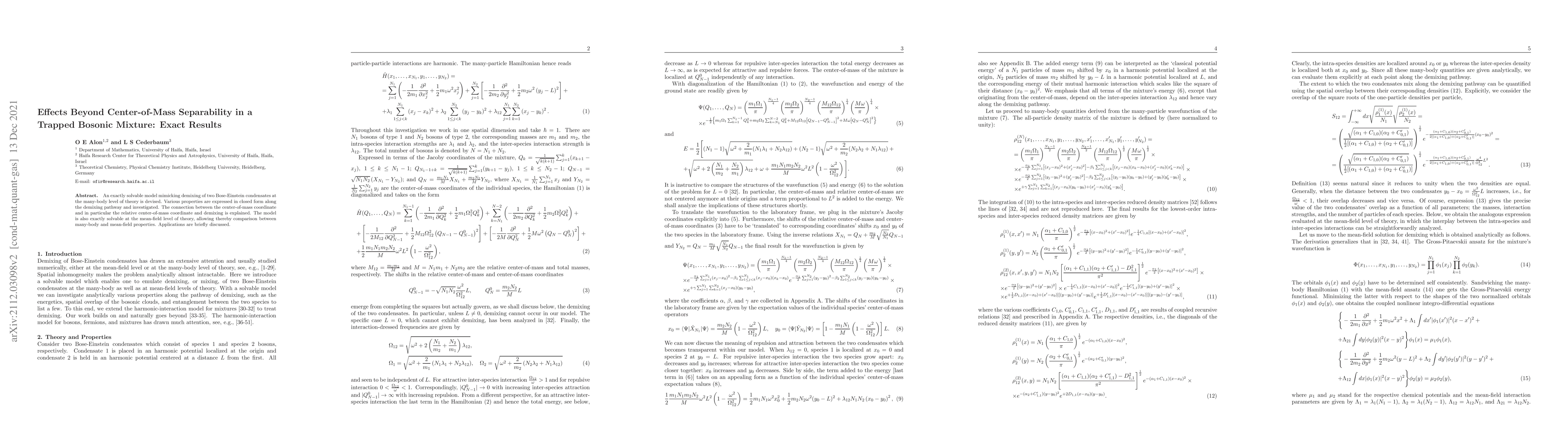 Thumbnail for Effects Beyond Center-of-Mass Separability in a Trapped Bosonic Mixture:
  Exact Results