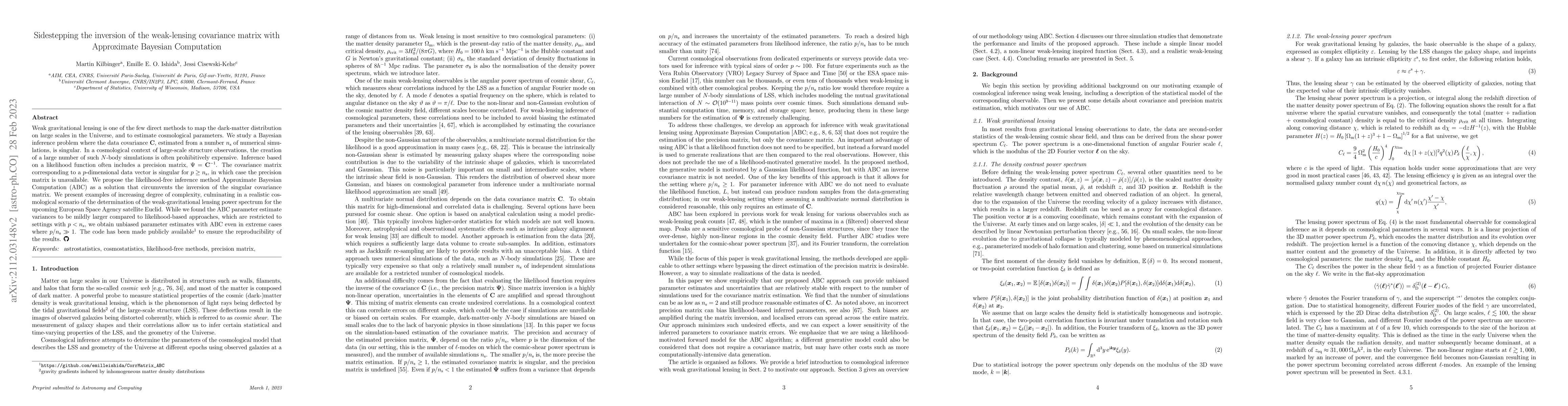 Thumbnail for Sidestepping the inversion of the weak-lensing covariance matrix with
  Approximate Bayesian Computation