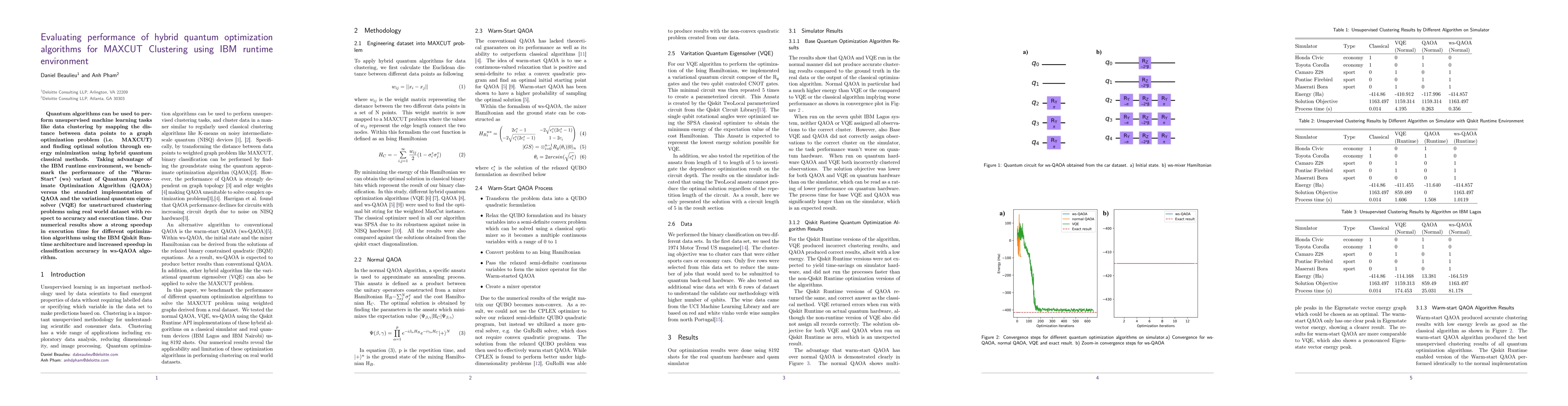 Thumbnail for Evaluating performance of hybrid quantum optimization algorithms for
  MAXCUT Clustering using IBM runtime environment