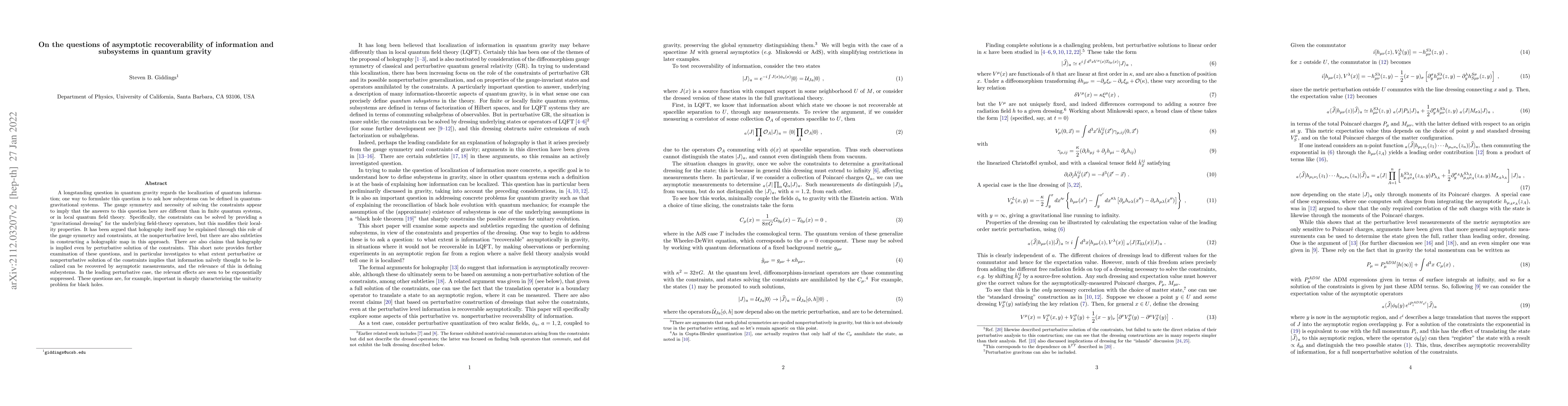 Thumbnail for On the questions of asymptotic recoverability of information and
  subsystems in quantum gravity