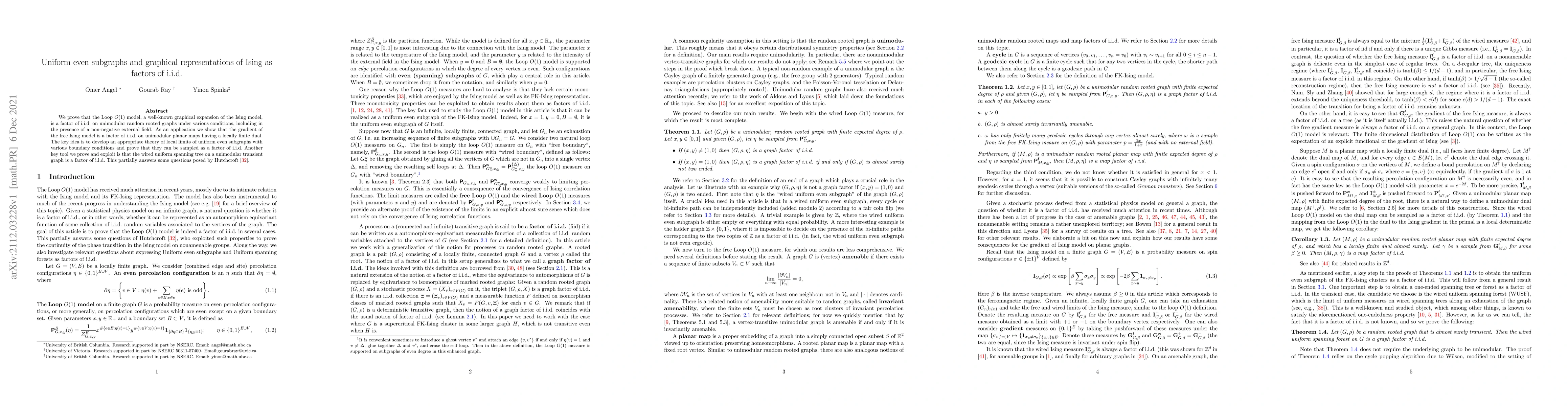 Thumbnail for Uniform even subgraphs and graphical representations of Ising as factors
  of i.i.d