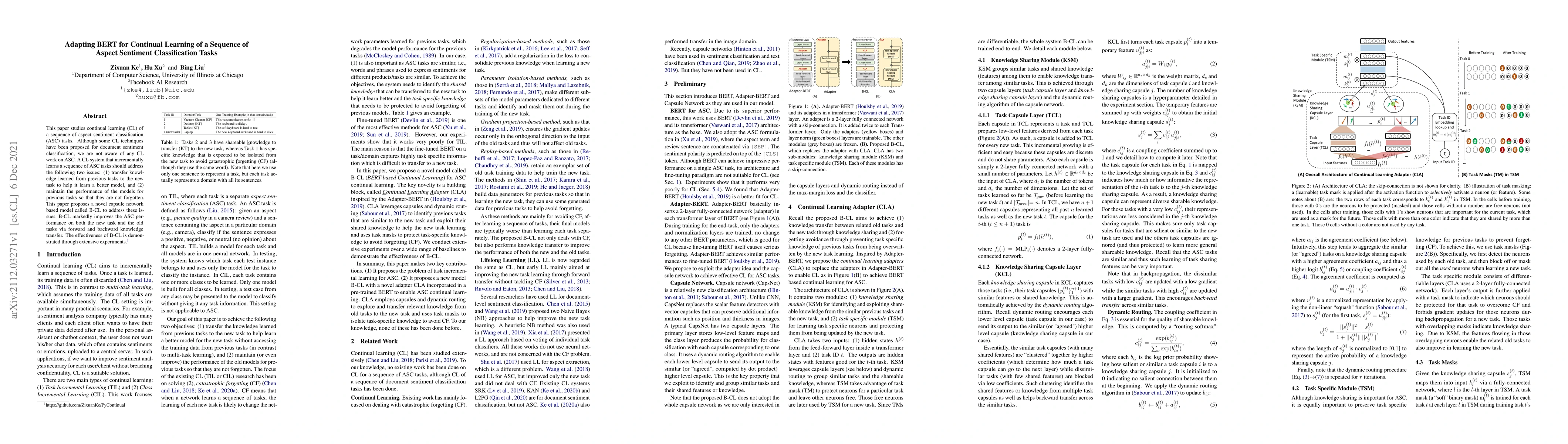 Thumbnail for Adapting BERT for Continual Learning of a Sequence of Aspect Sentiment
  Classification Tasks