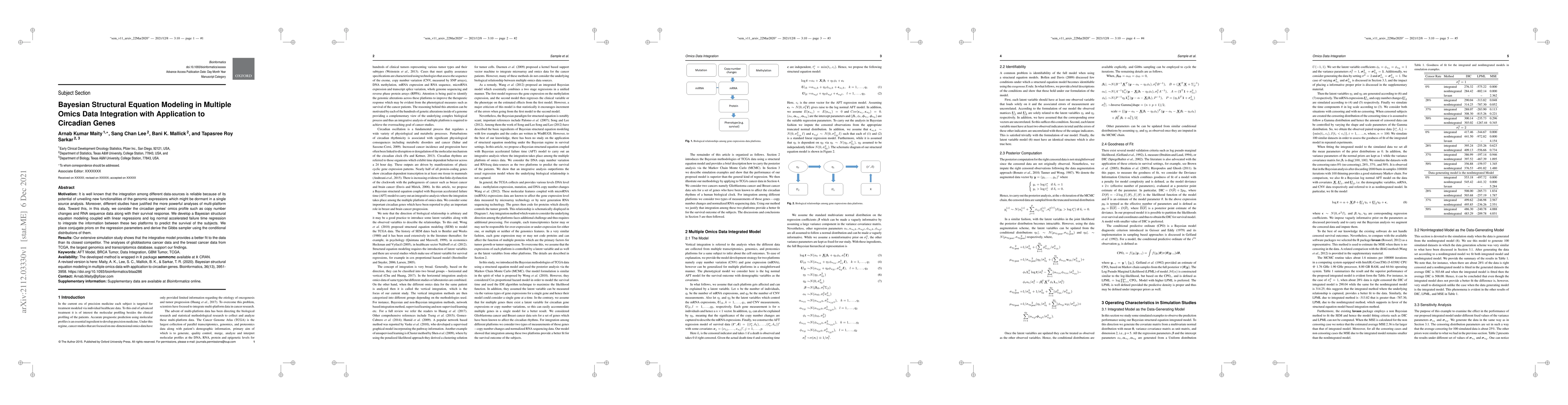 Thumbnail for Bayesian Structural Equation Modeling in Multiple Omics Data Integration
  with Application to Circadian Genes