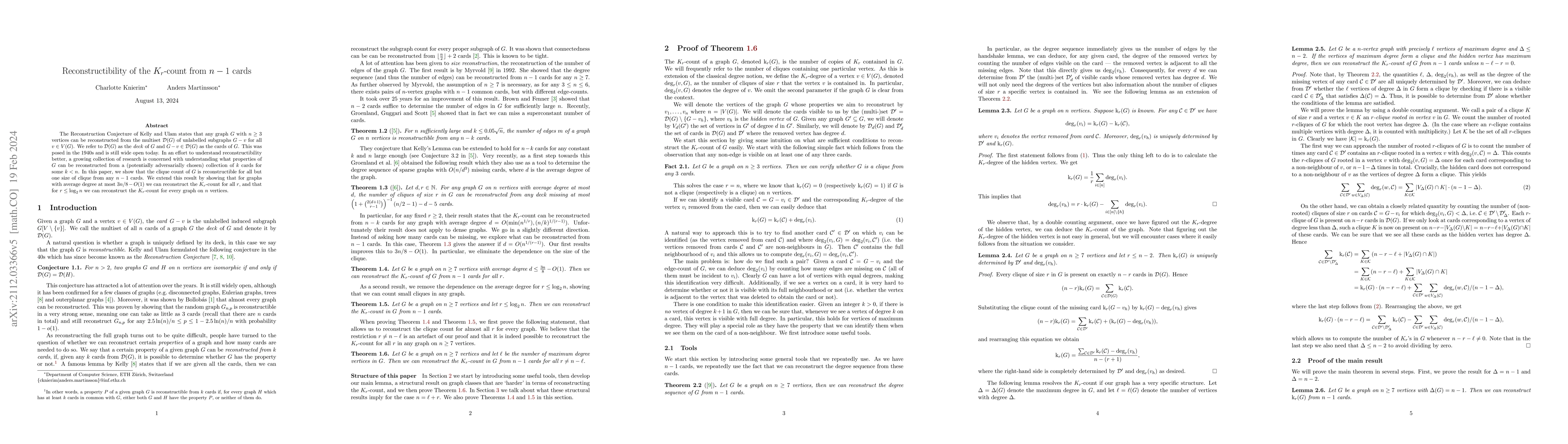 Thumbnail for Reconstructibility of the $K_r$-count from $n-1$ cards