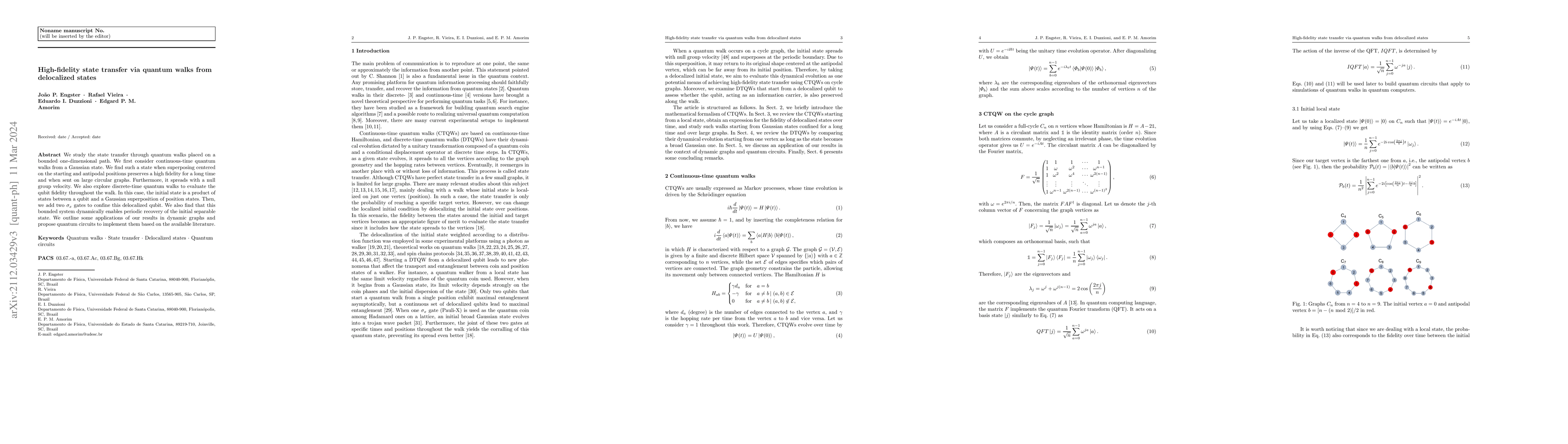 Thumbnail for High-fidelity state transfer via quantum walks from delocalized states