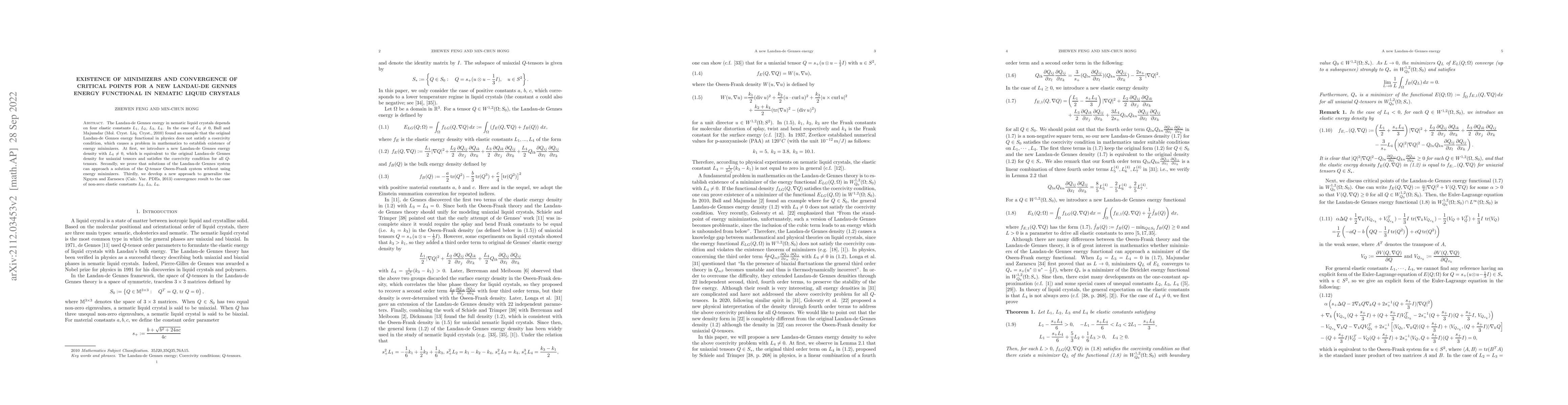 Thumbnail for Existence of minimizers and convergence of critical points for a new
  Landau-de Gennes energy functional in nematic liquid crystals