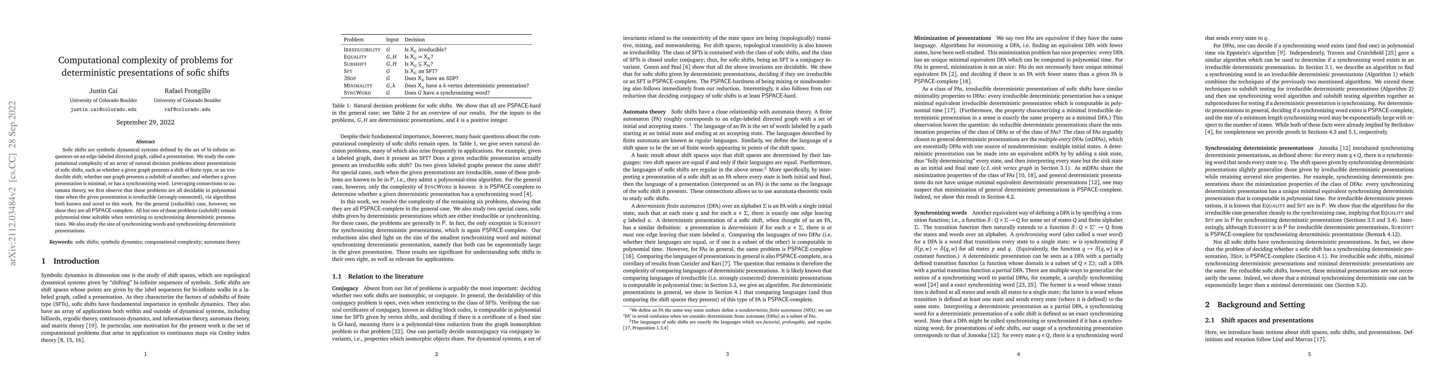Thumbnail for Computational complexity of problems for deterministic presentations of
  sofic shifts