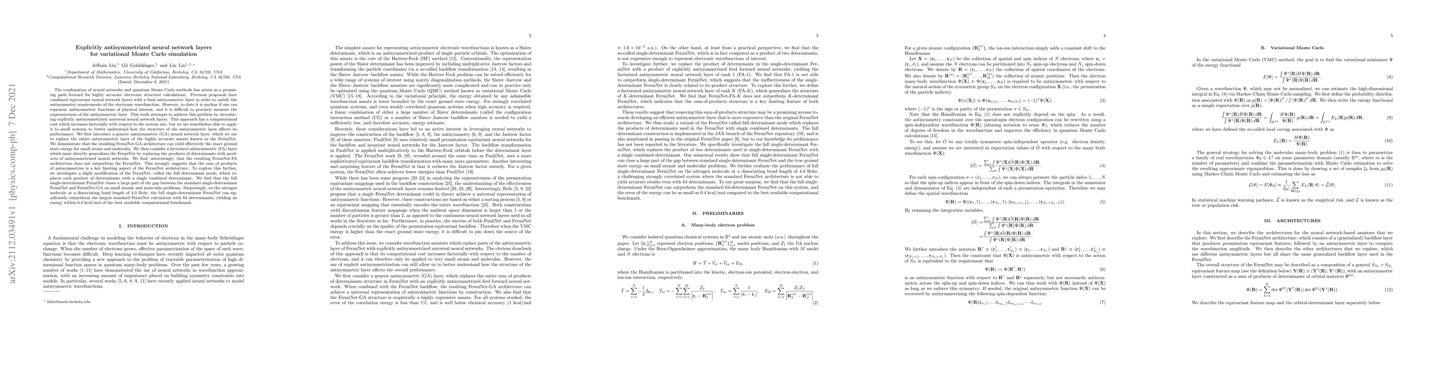 Thumbnail for Explicitly antisymmetrized neural network layers for variational Monte
  Carlo simulation