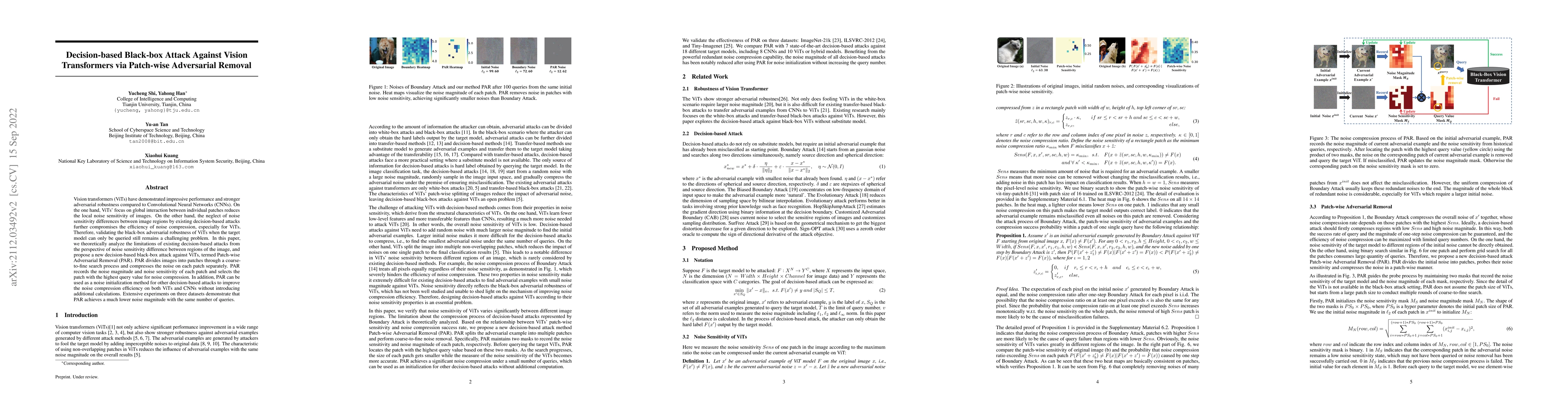 Thumbnail for Decision-based Black-box Attack Against Vision Transformers via
  Patch-wise Adversarial Removal