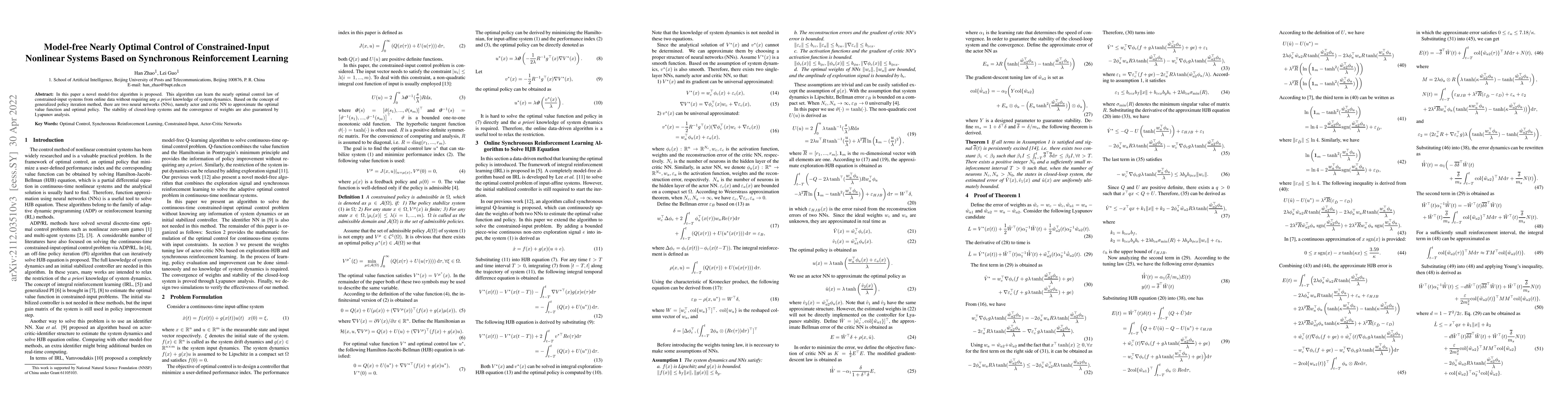Thumbnail for Model-free Nearly Optimal Control of Constrained-Input Nonlinear Systems
  Based on Synchronous Reinforcement Learning
