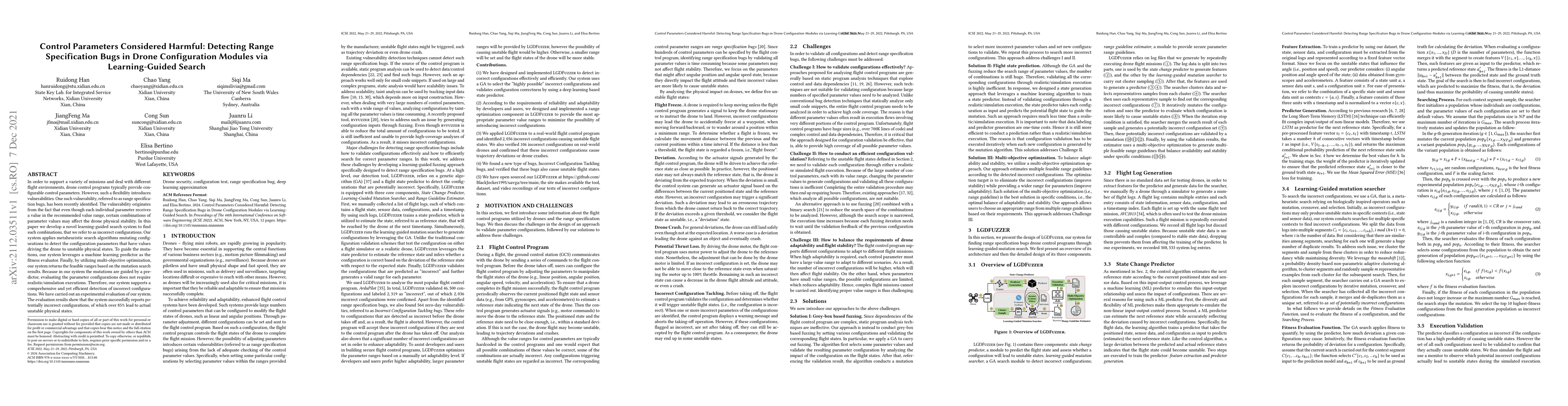 Thumbnail for Control Parameters Considered Harmful: Detecting Range Specification
  Bugs in Drone Configuration Modules via Learning-Guided Search