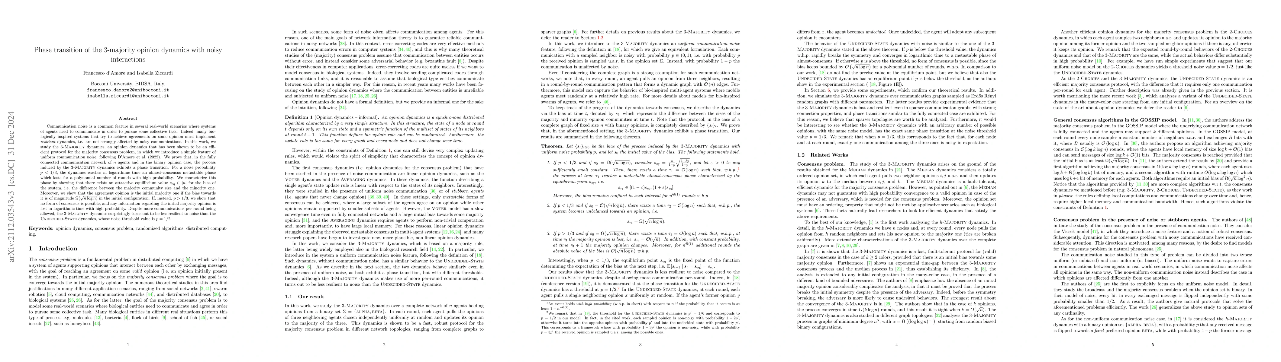 Thumbnail for Phase Transition of the 3-Majority Dynamics with Uniform Communication
  Noise