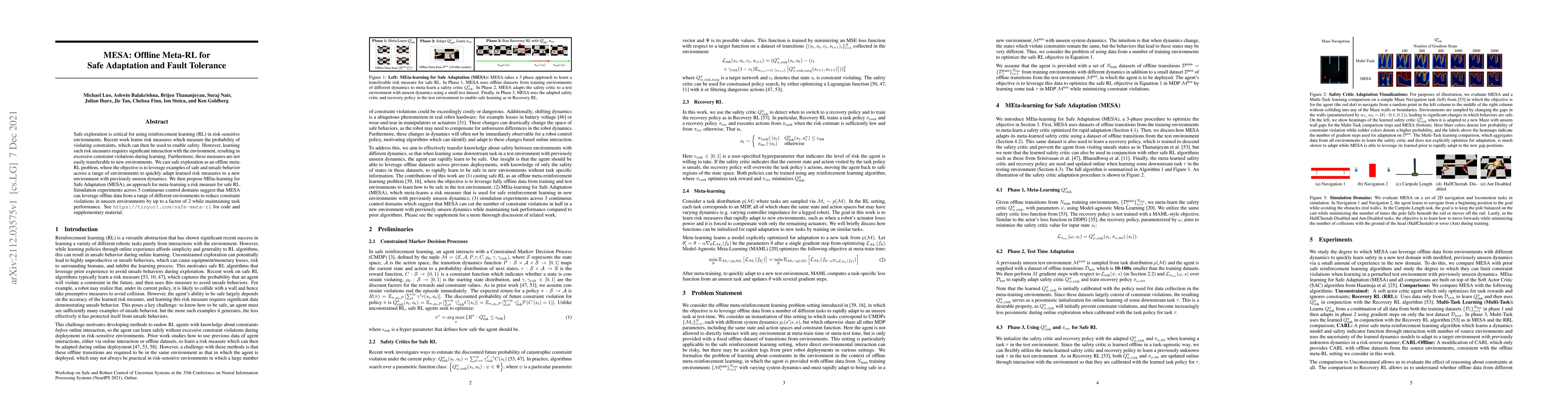 Thumbnail for MESA: Offline Meta-RL for Safe Adaptation and Fault Tolerance
