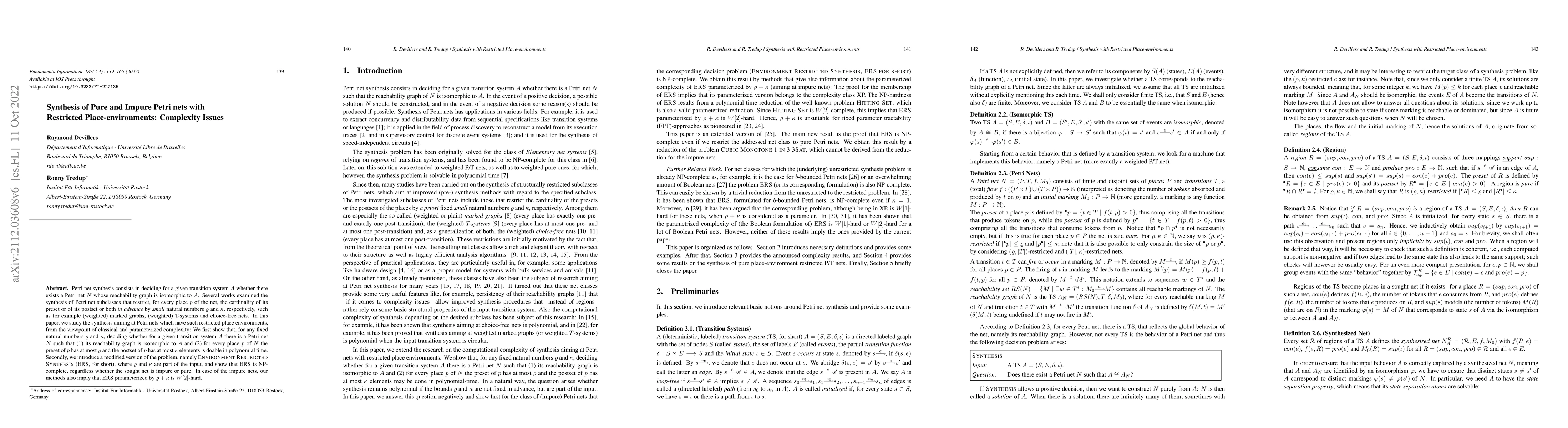 Thumbnail for Synthesis of Pure and Impure Petri nets With Restricted
  Place-environments: Complexity Issues
