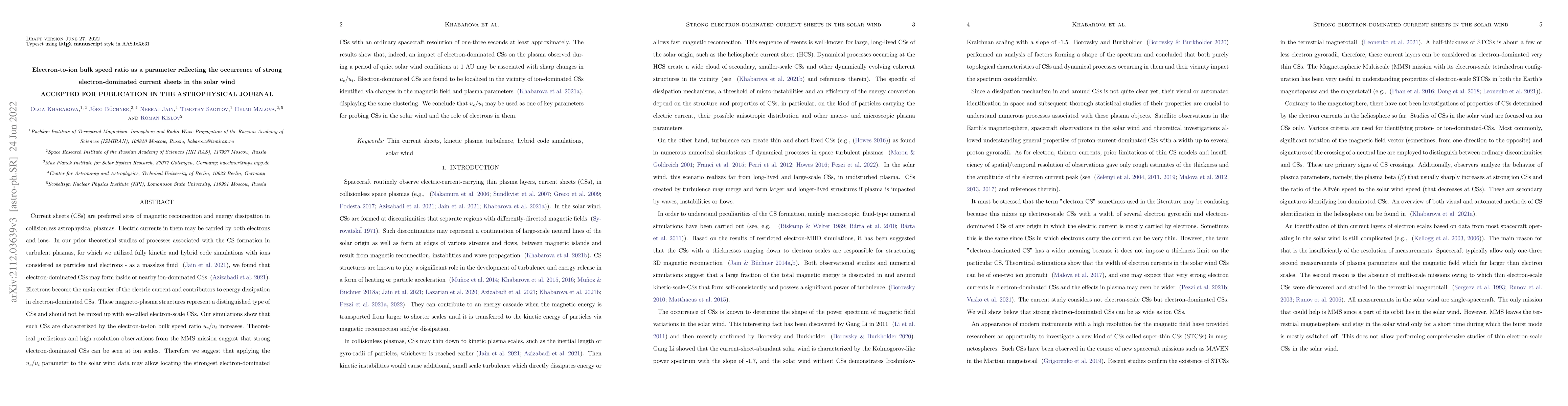 Thumbnail for Electron-to-ion bulk speed ratio as a parameter reflecting the
  occurrence of strong electron-dominated current sheets in the solar wind