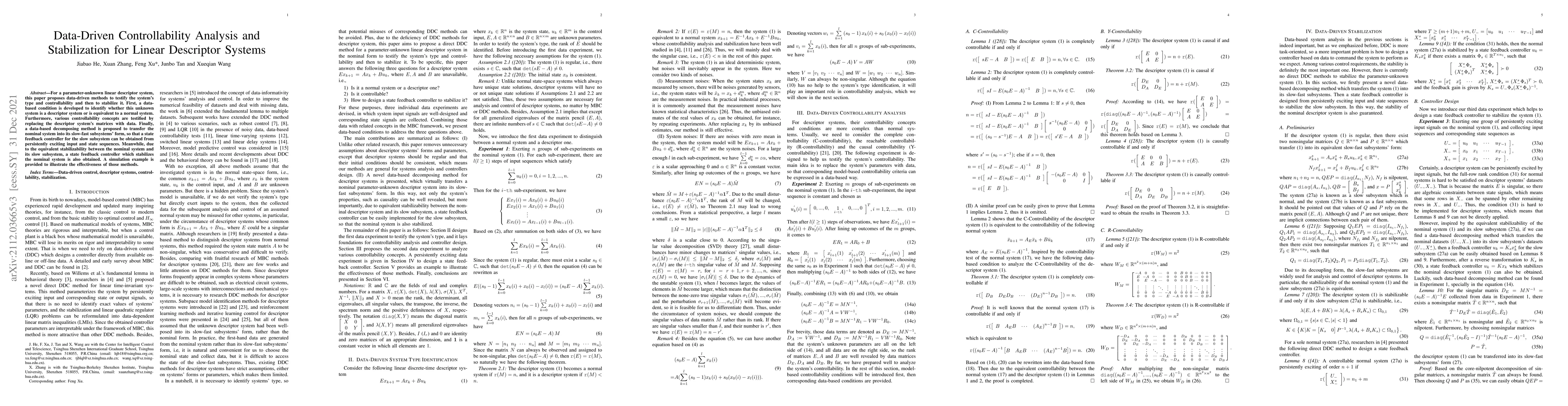 Thumbnail for Data-Driven Controllability Analysis and Stabilization for Linear
  Descriptor Systems