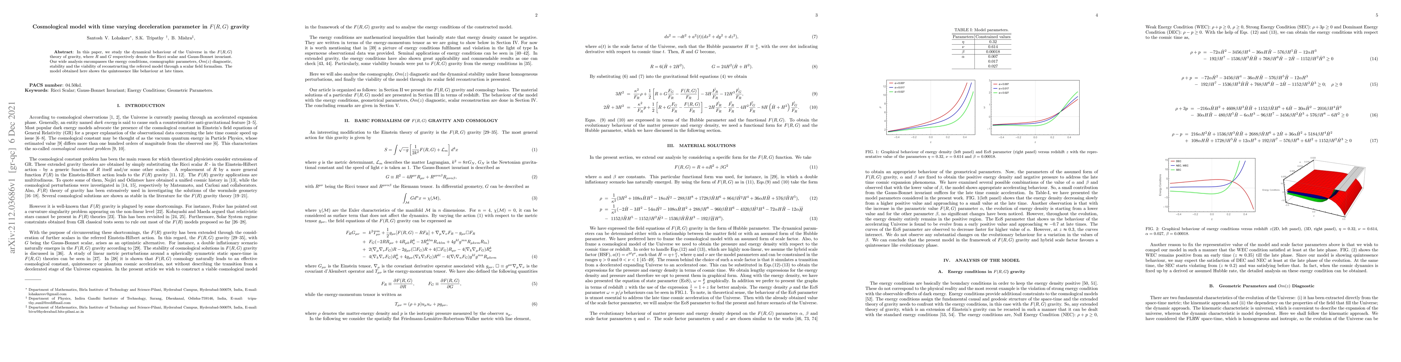 Thumbnail for Cosmological model with time varying deceleration parameter in $F(R,G)$
  gravity
