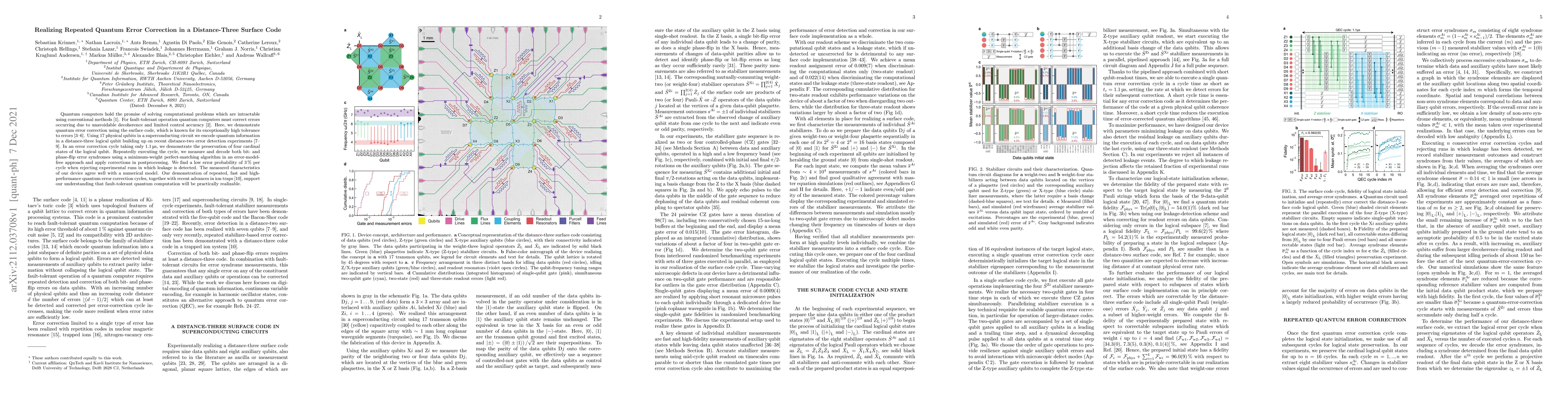 Thumbnail for Realizing Repeated Quantum Error Correction in a Distance-Three Surface
  Code