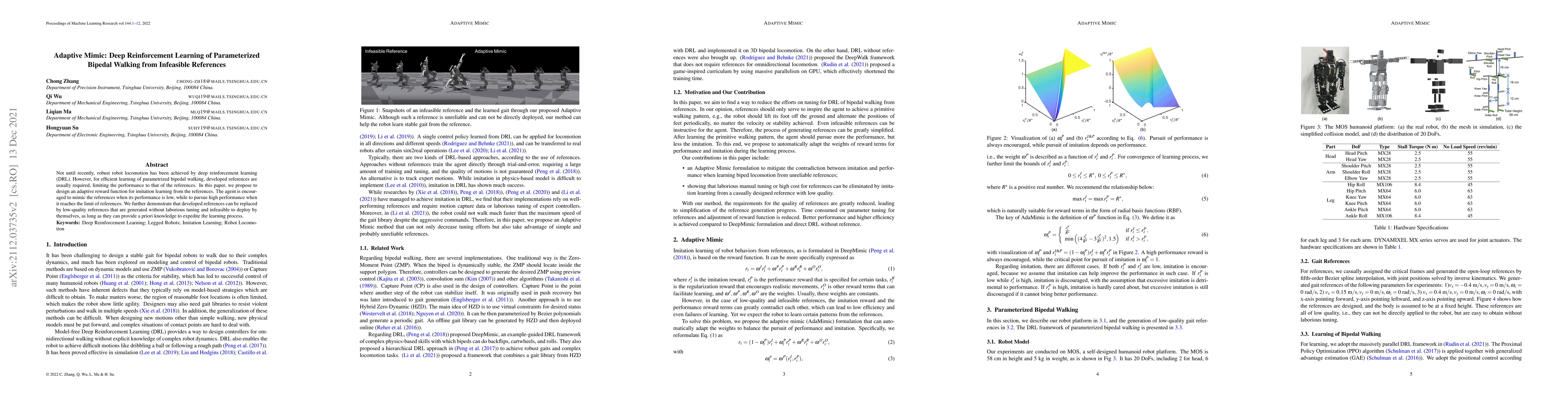Thumbnail for Adaptive Mimic: Deep Reinforcement Learning of Parameterized Bipedal
  Walking from Infeasible References