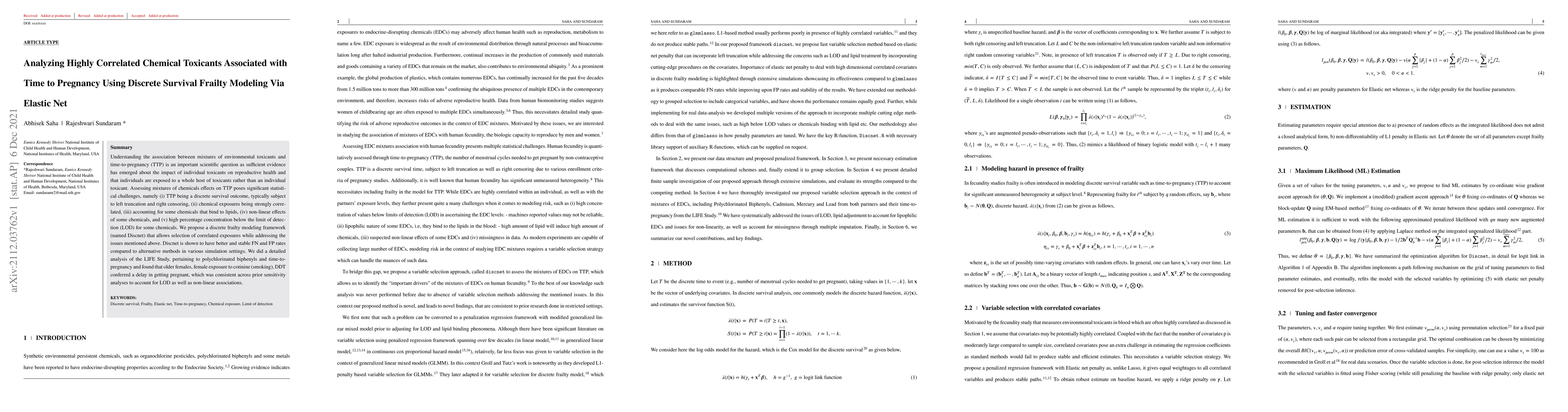Thumbnail for Analyzing Highly Correlated Chemical Toxicants Associated with Time to
  Pregnancy Using Discrete Survival Frailty Modeling Via Elastic Net