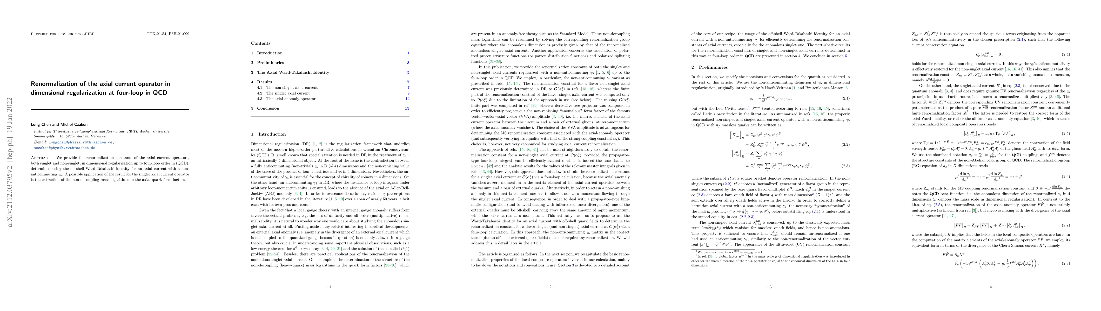 Thumbnail for Renormalization of the axial current operator in dimensional
  regularization at four-loop in QCD
