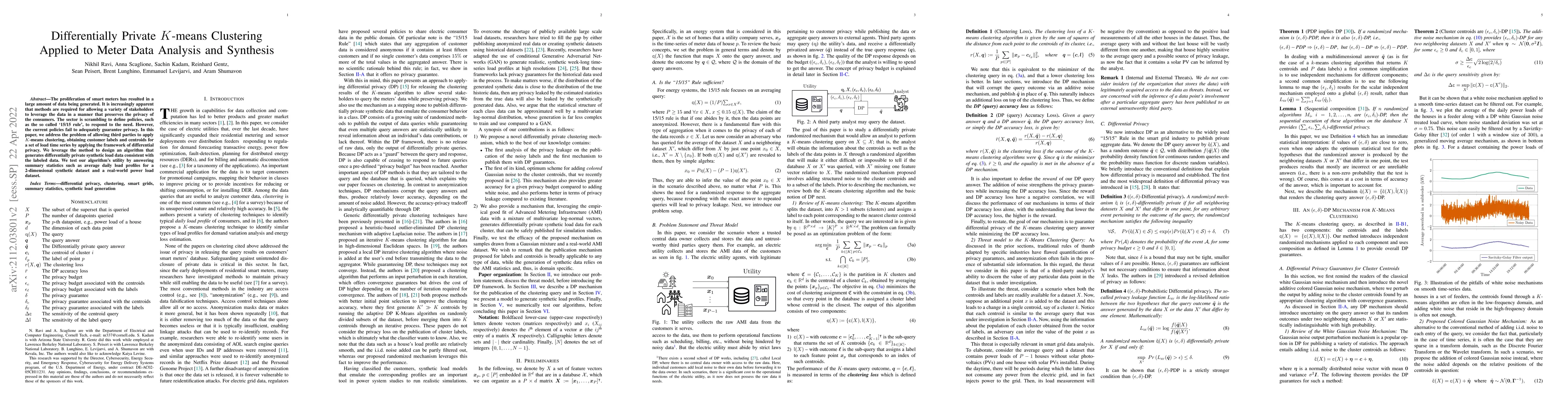 Thumbnail for Differentially Private $K$-means Clustering Applied to Meter Data
  Analysis and Synthesis