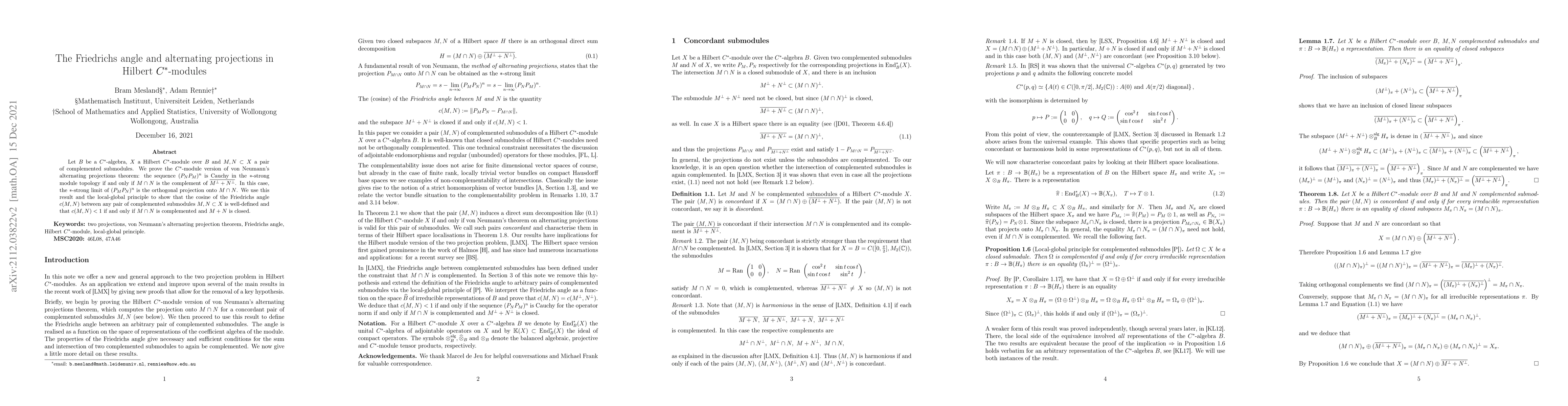 Thumbnail for The Friedrichs angle and alternating projections in Hilbert
  $C^{*}$-modules