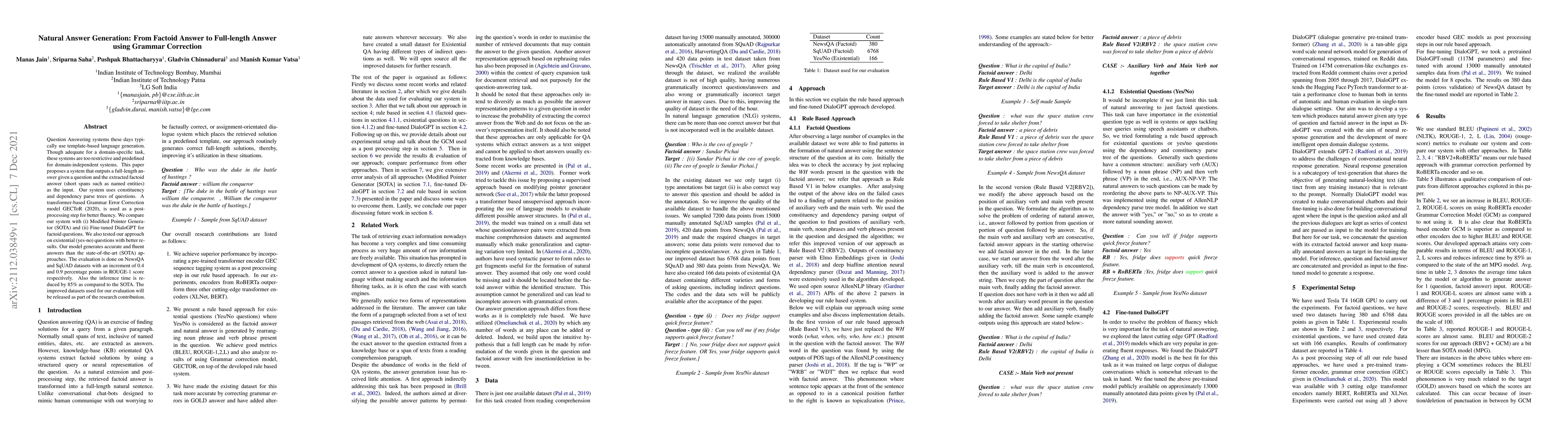 Thumbnail for Natural Answer Generation: From Factoid Answer to Full-length Answer
  using Grammar Correction