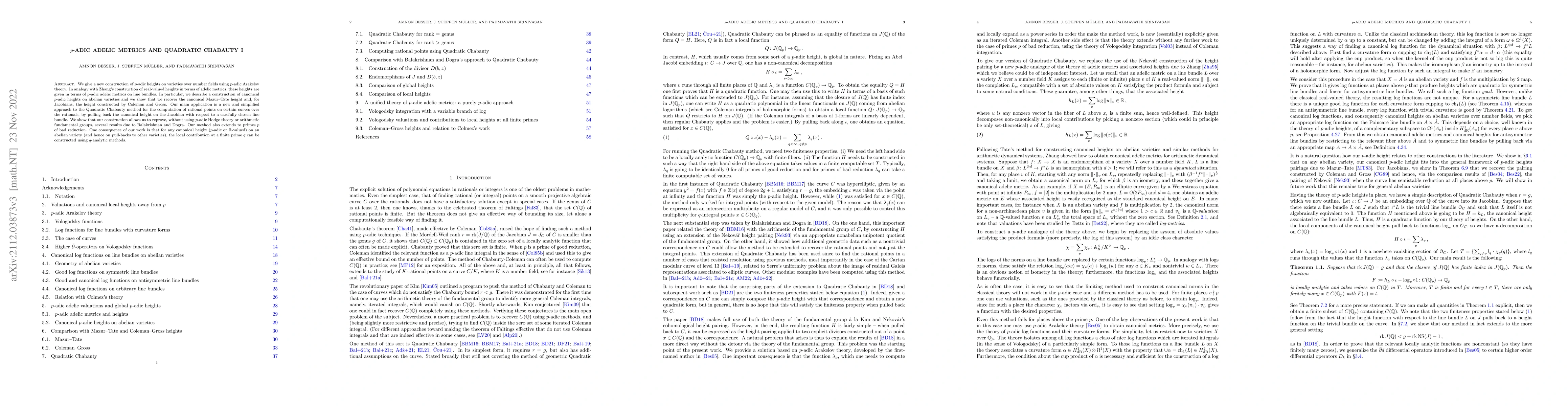 Thumbnail for p-adic adelic metrics and Quadratic Chabauty I