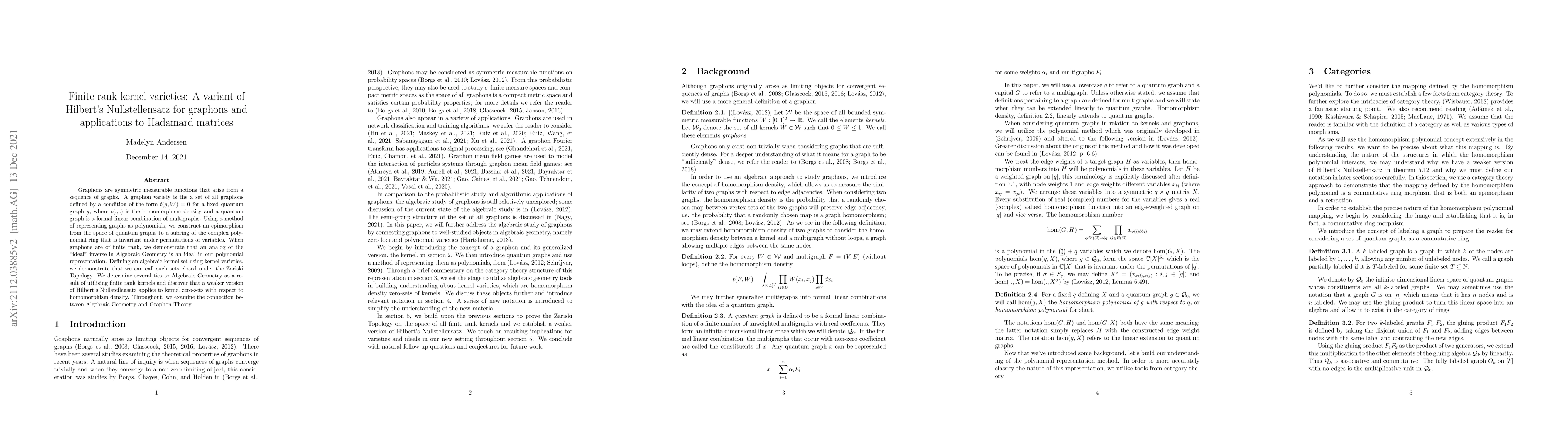 Thumbnail for Finite rank kernel varieties: A variant of Hilbert's Nullstellensatz for
  graphons and applications to Hadamard matrices