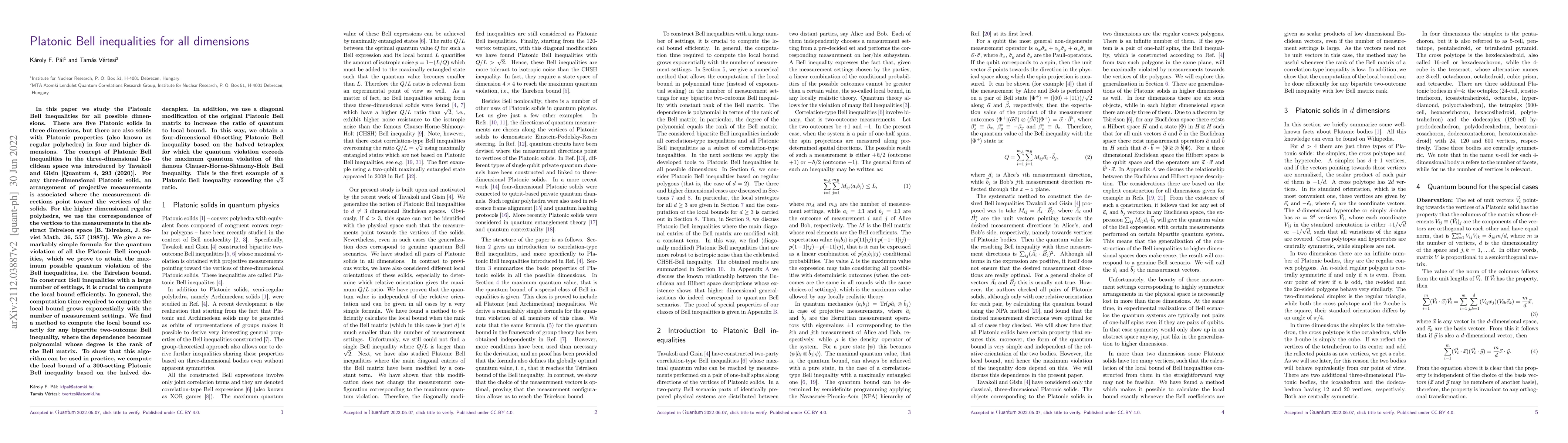 Thumbnail for Platonic Bell inequalities for all dimensions