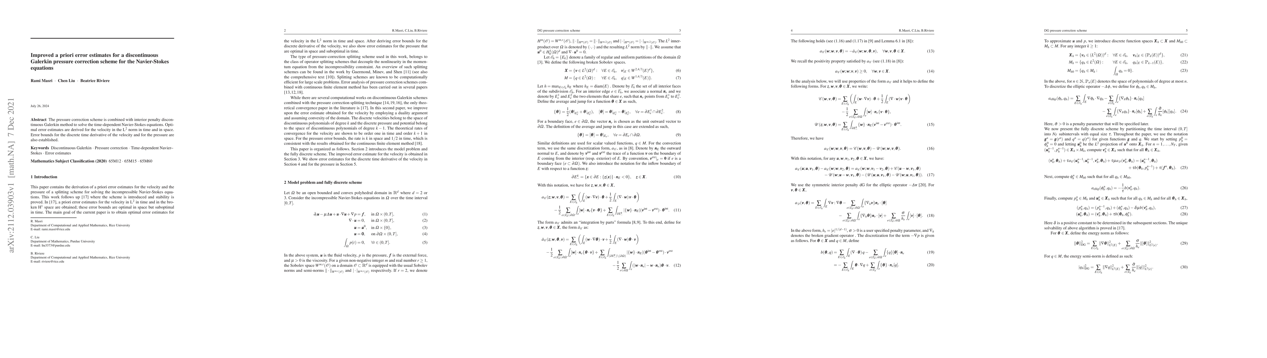 Thumbnail for Improved a priori error estimates for a discontinuous Galerkin pressure
  correction scheme for the Navier-Stokes equations