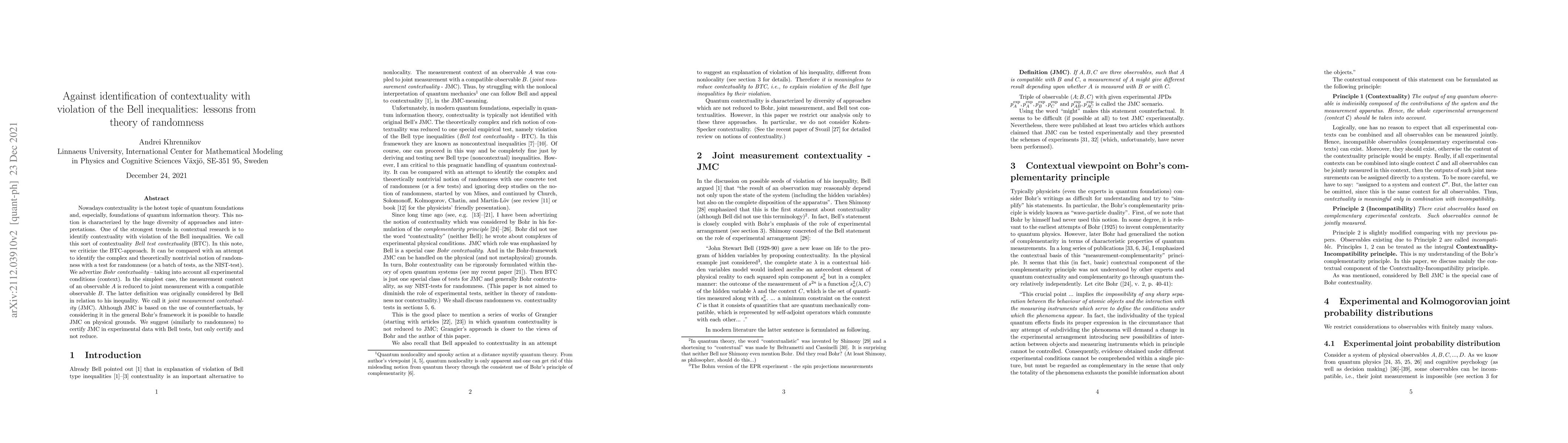 Thumbnail for Against identification of contextuality with violation of the Bell
  inequalities: lessons from theory of randomness