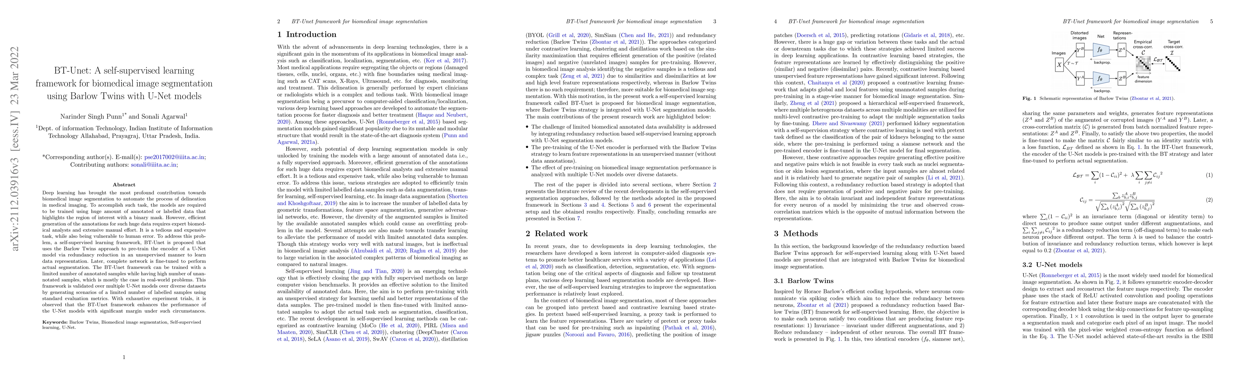 Thumbnail for BT-Unet: A self-supervised learning framework for biomedical image
  segmentation using Barlow Twins with U-Net models
