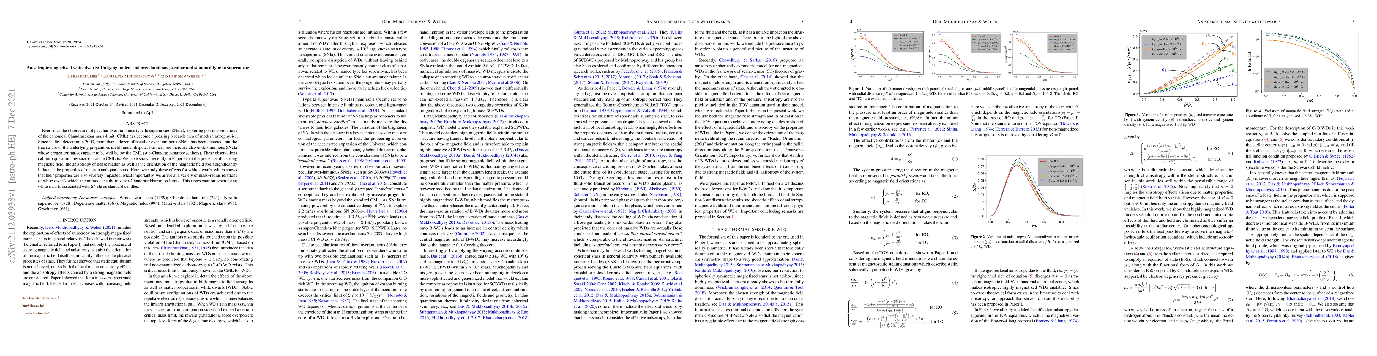 Thumbnail for Anisotropic magnetized white dwarfs: Unifying under- and over-luminous
  peculiar and standard type Ia supernovae