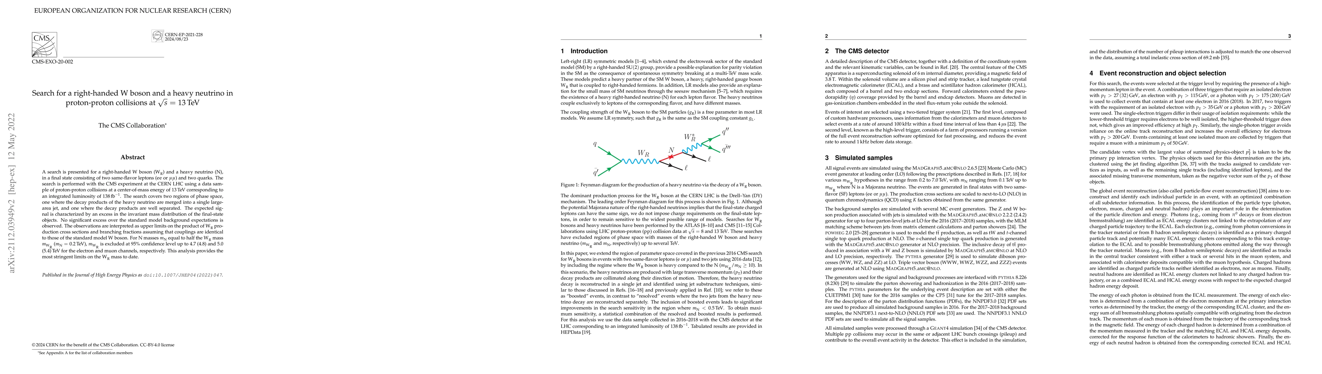 Thumbnail for Search for a right-handed W boson and a heavy neutrino in proton-proton
  collisions at $\sqrt{s} =$ 13 TeV