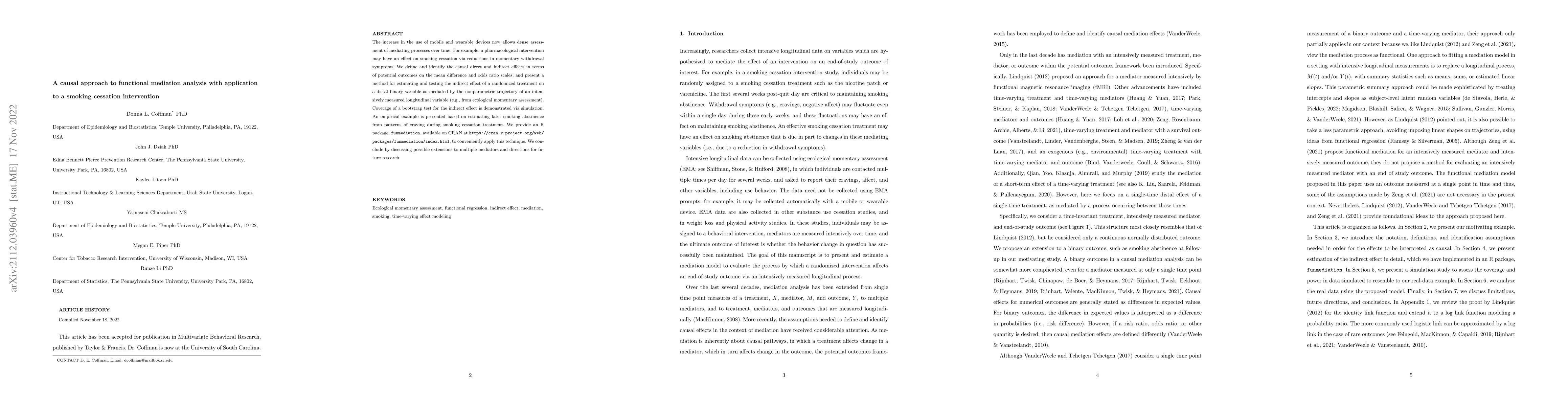 Thumbnail for A causal approach to functional mediation analysis with application to a
  smoking cessation intervention