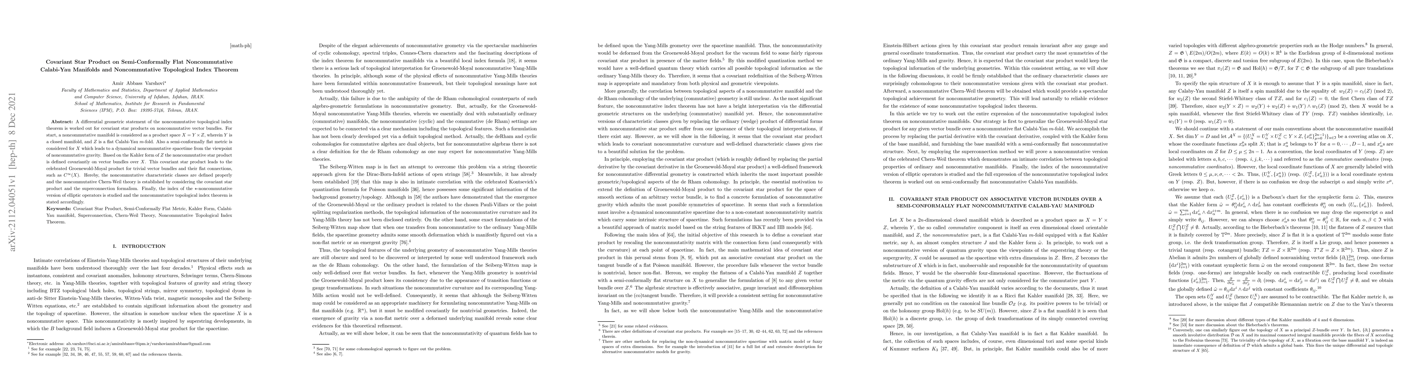 Thumbnail for Covariant Star Product on Semi-Conformally Flat Noncommutative
  Calabi-Yau Manifolds and Noncommutative Topological Index Theorem
