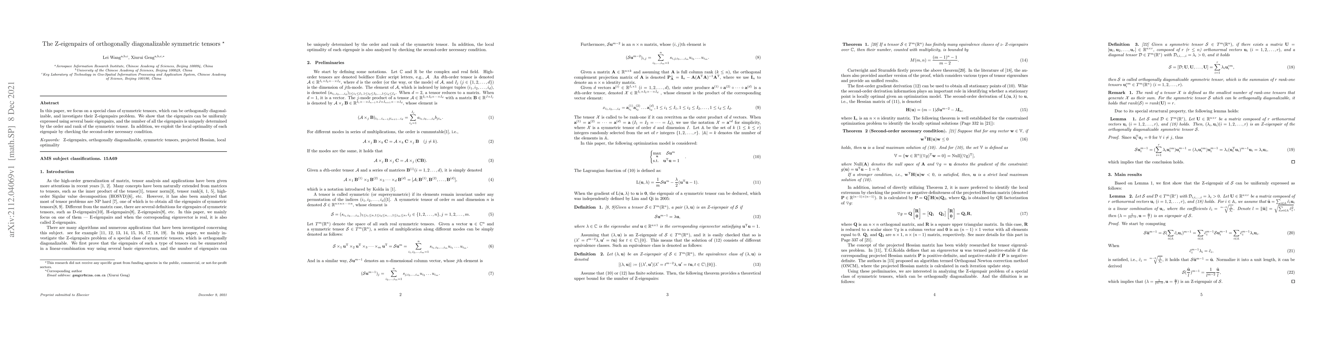 Thumbnail for The Z-eigenpairs of orthogonally diagonalizable symmetric tensors