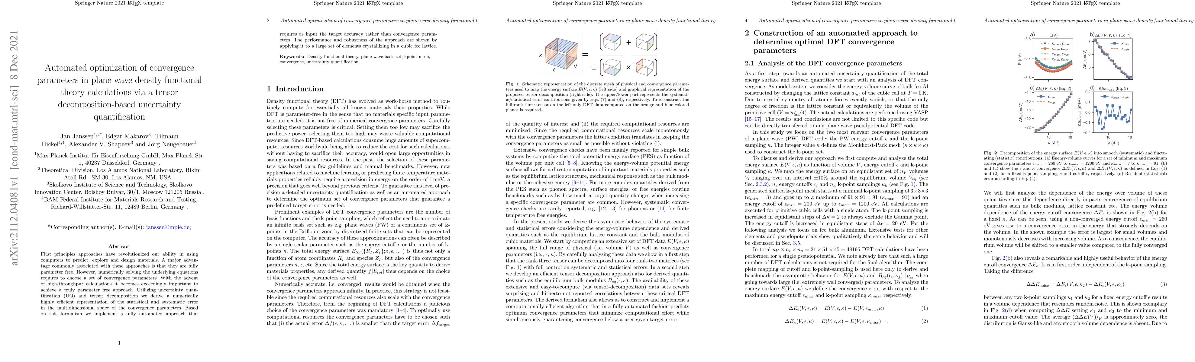 Thumbnail for Automated optimization of convergence parameters in plane wave density
  functional theory calculations via a tensor decomposition-based uncertainty
  quantification