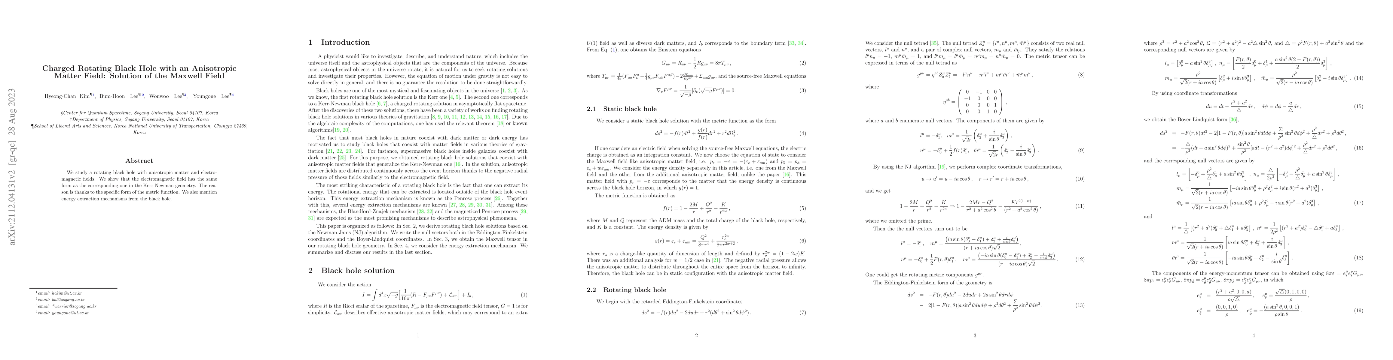 Thumbnail for Charged Rotating Black Hole with an Anisotropic Matter Field: Solution
  of the Maxwell Field