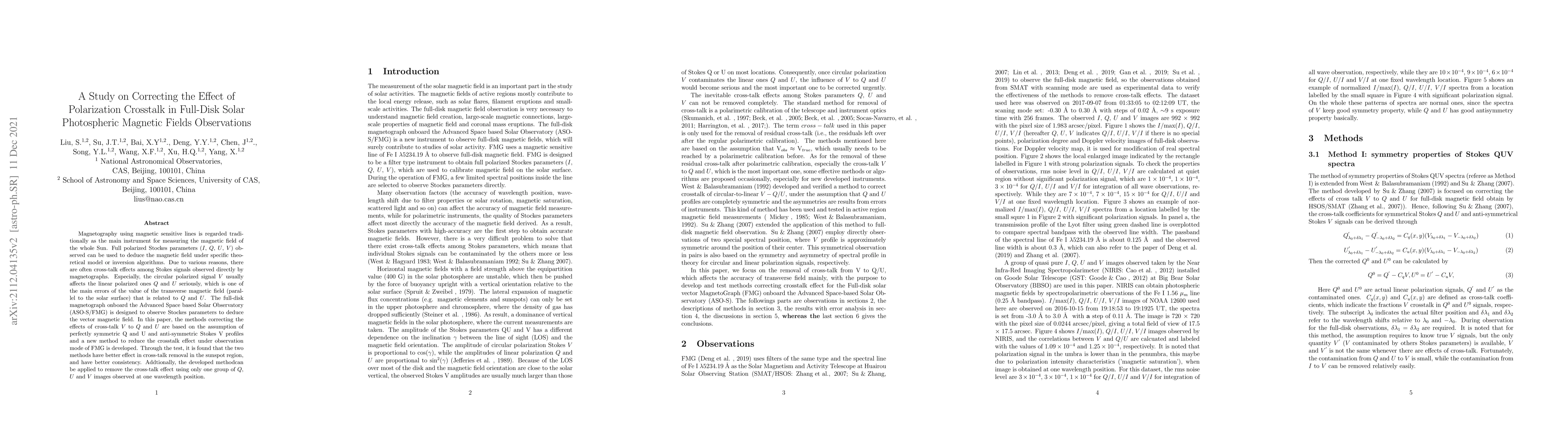 Thumbnail for A Study on Correcting the Effect of Polarization Crosstalk in Full-Disk
  Solar Photospheric Magnetic Fields Observations