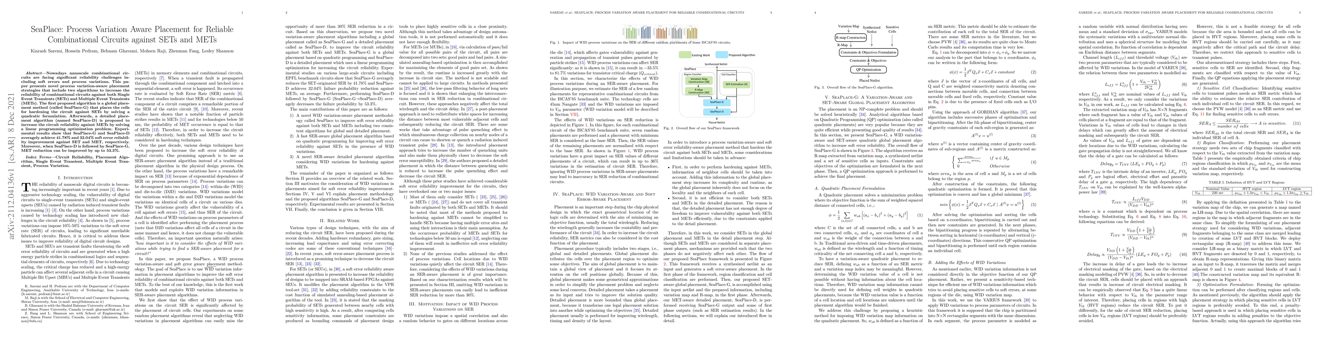 Thumbnail for SeaPlace: Process Variation Aware Placement for Reliable Combinational
  Circuits against SETs and METs