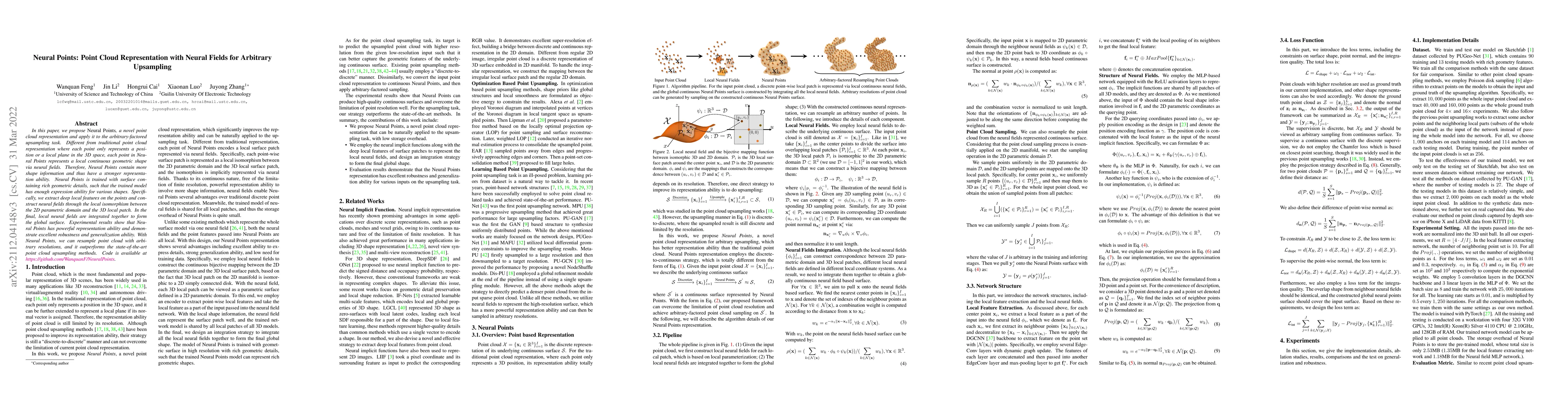 Thumbnail for Neural Points: Point Cloud Representation with Neural Fields for
  Arbitrary Upsampling
