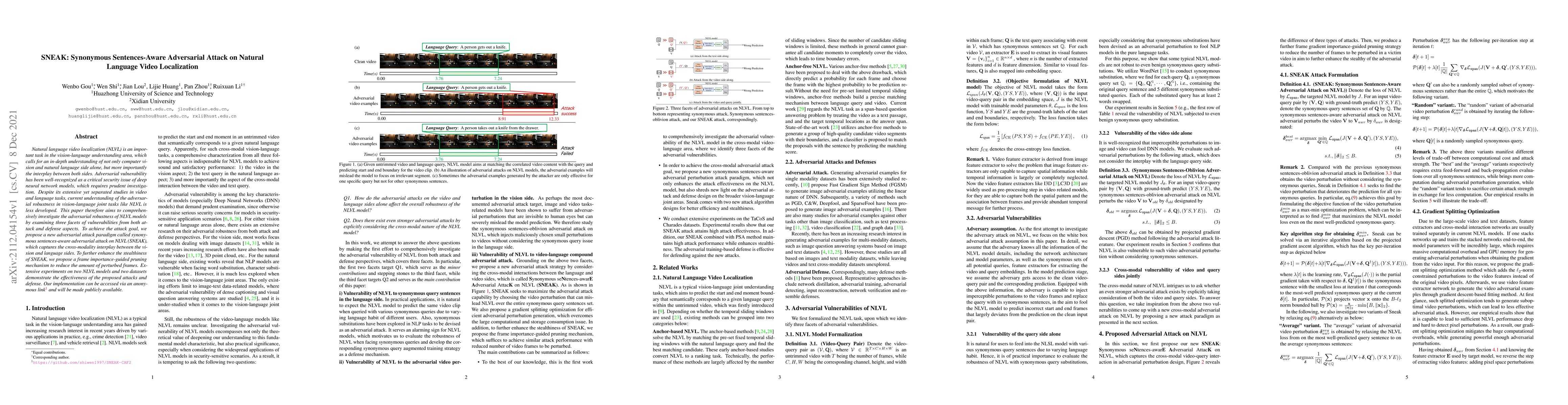 Thumbnail for SNEAK: Synonymous Sentences-Aware Adversarial Attack on Natural Language
  Video Localization