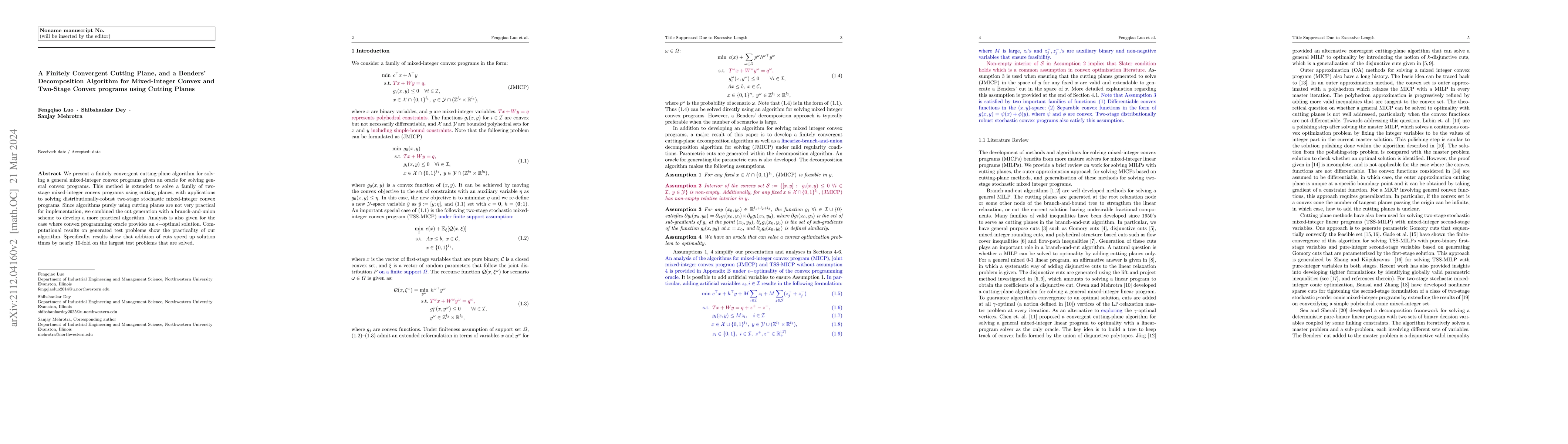 Thumbnail for A Finitely Convergent Cutting Plane, and a Bender's Decomposition
  Algorithm for Mixed-Integer Convex and Two-Stage Convex Programs using
  Cutting Planes