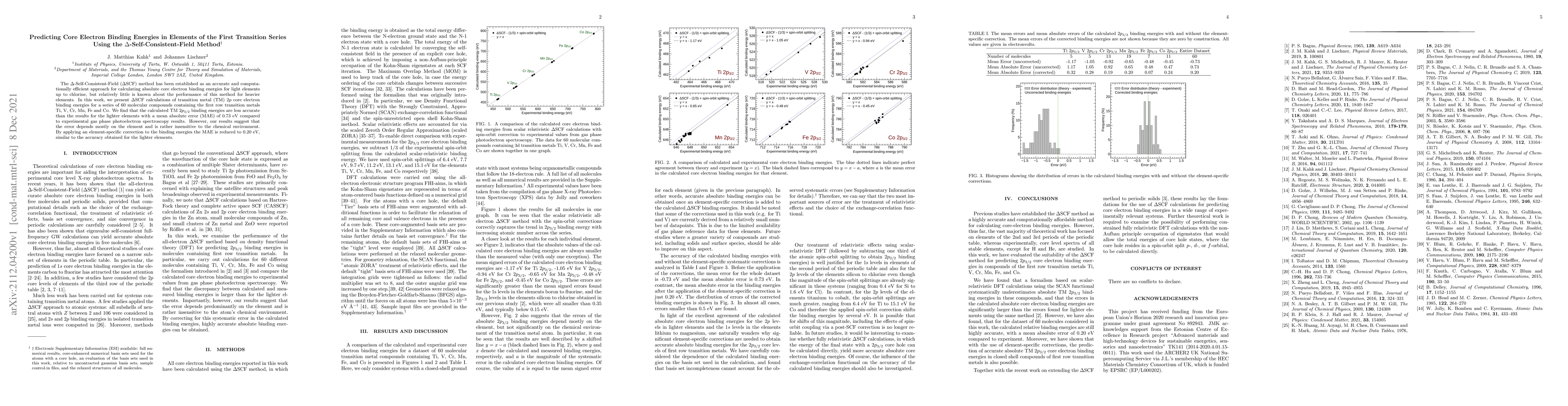 Thumbnail for Predicting Core Electron Binding Energies in Elements of the First
  Transition Series Using the $\Delta$-Self-Consistent-Field Method