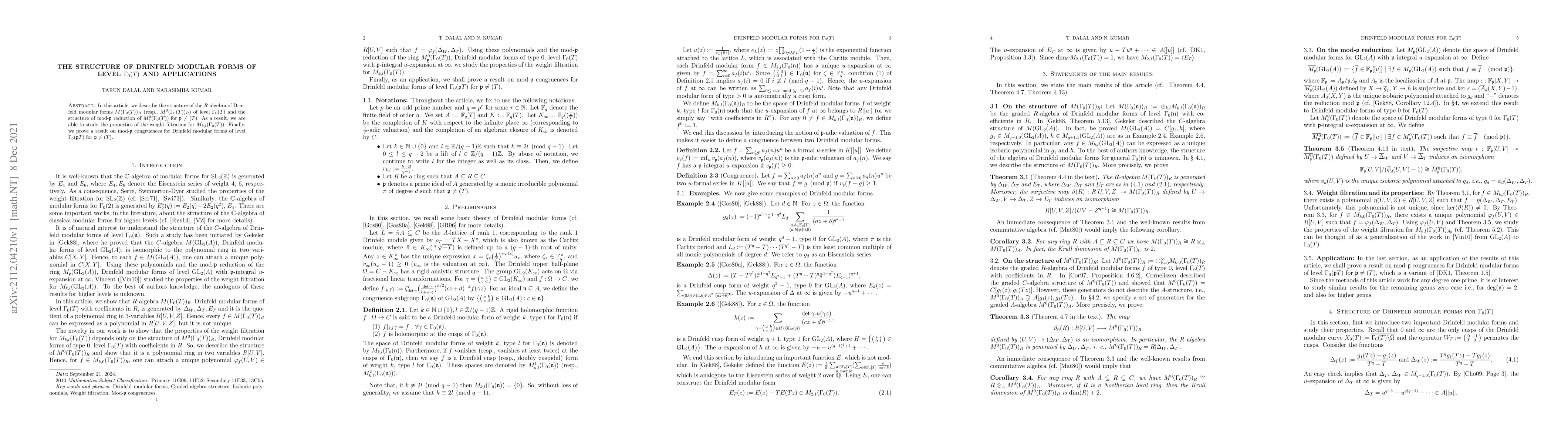 Thumbnail for The structure of Drinfeld modular forms of level $\Gamma_0(T)$ and
  applications